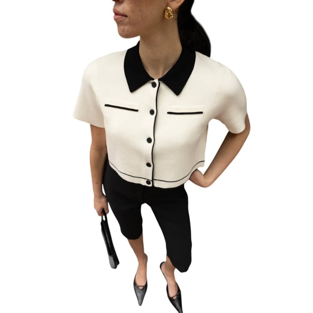 Oak + Fort White Cropped Knit Button Down Short Sleeve Medium Preppy Academia